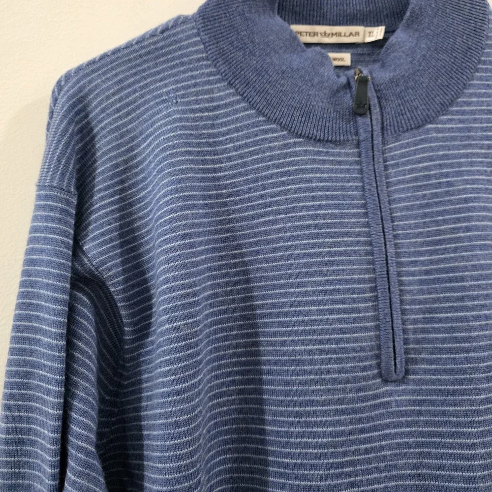 Peter Millar Mens Merino Wool Sweater Size XL 1/4 Zip Striped Golf‎ Cozy Blue